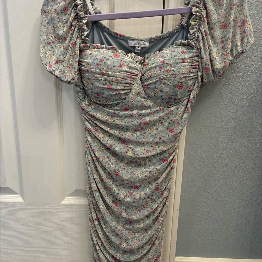 Floral Ruched Sweetheart Midi Dress in Light Blue with Pink Accents